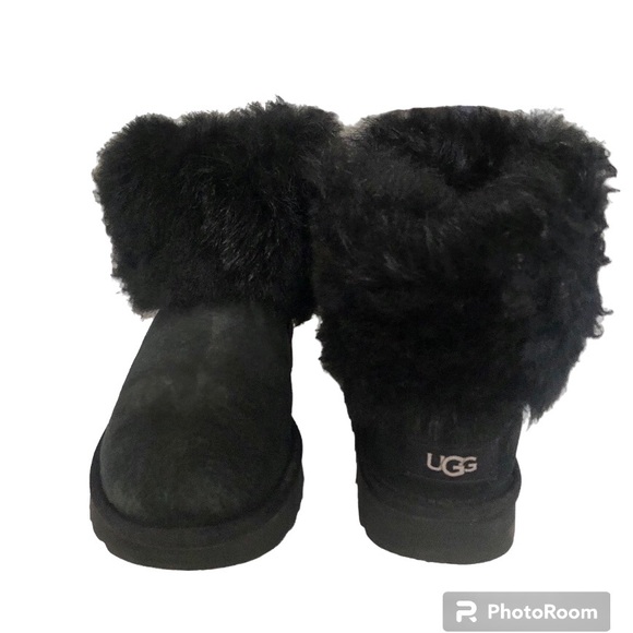 UGG Mini Toscana Cuff Fluff Black Sheepskin Suede Shearling Boots Women’s - Picture 1 of 15